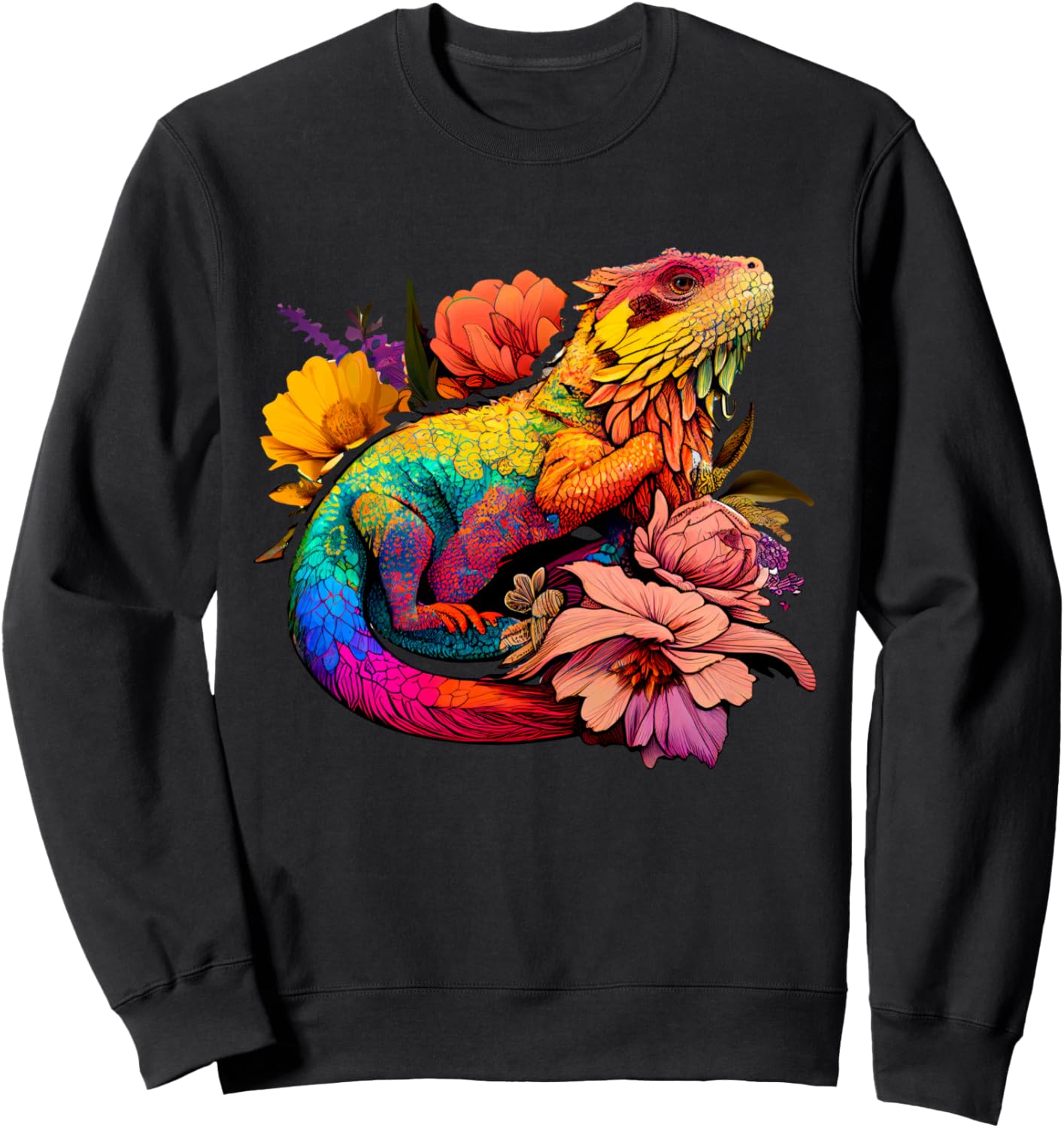 

Толстовка с изображением радужной бородатой ящерицы и цветка Colorful Rainbow Bearded Dragon Lover Florals, черный