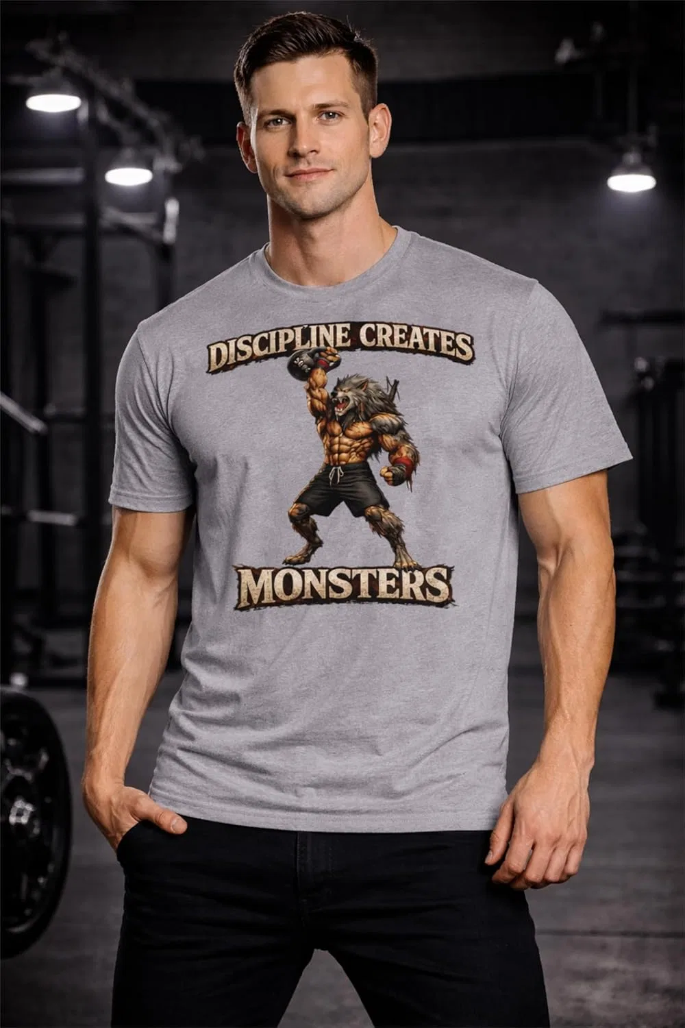 Футболка с принтом Discipline Creates Monsters, GENERIC, Heather Heavy Metal — фото 4
