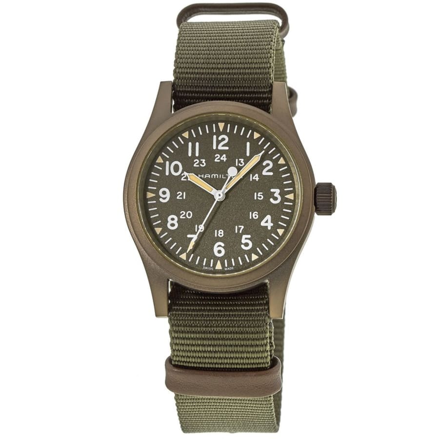 

Hamilton Khaki Field механические с ручным заводом коричневый циферблат зеленый тканевый ремешок мужские часы H69449961