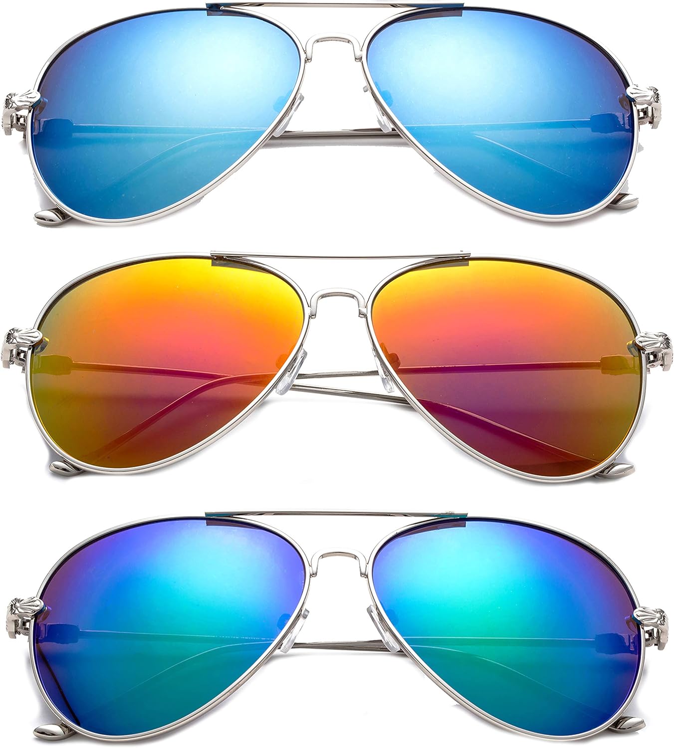 

Комплект из 3 солнцезащитных очков-авиаторов Newbee Fashion в металлической оправе для мужчин и женщин, зеркальные линзы с защитой от УФ-излучения UV400, цельнометаллические дужки, 3 Pack Blue, Orange & Green