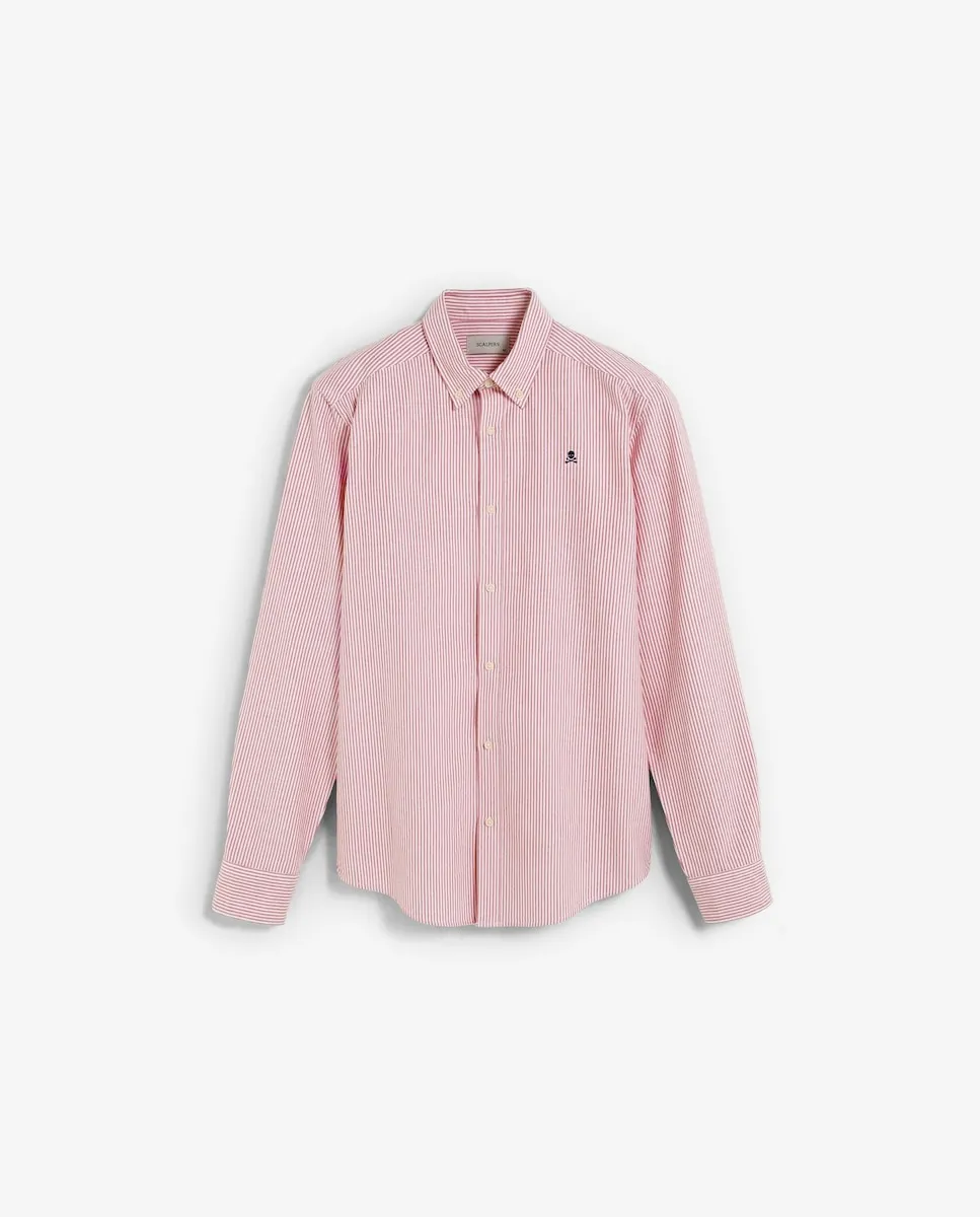 

Мужская рубашка Оксфорд в полоску с контрастной вышивкой черепа на груди Scalpers, красный/белый