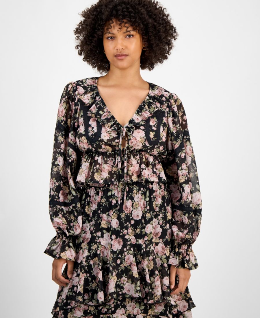 

Женская блузка с оборками на манжетах и рукавами-баллонами, размеры PXXS-XXL And Now This, Black Floral