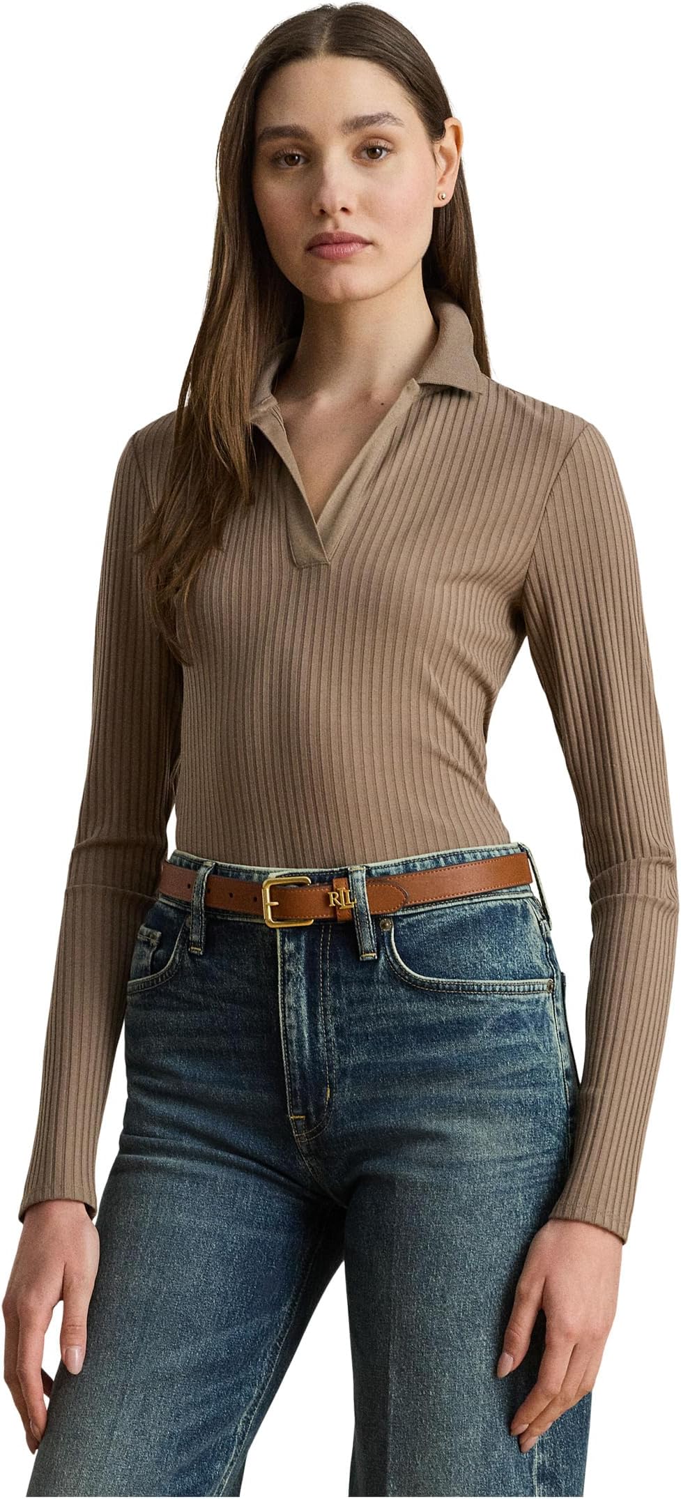 

Поло Lauren Ralph Lauren Rib-Knit Long-Sleeve Polo Top, цвет Taupe Brown