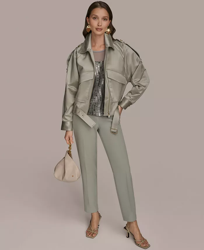 

Женская атласная куртка на молнии спереди и узкие брюки Donna Karan New York, зеленый