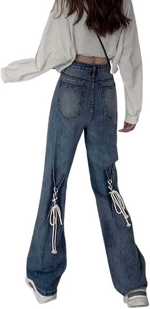 

ebossy женские джинсы с высокой талией, шнуровкой на спине, потертые