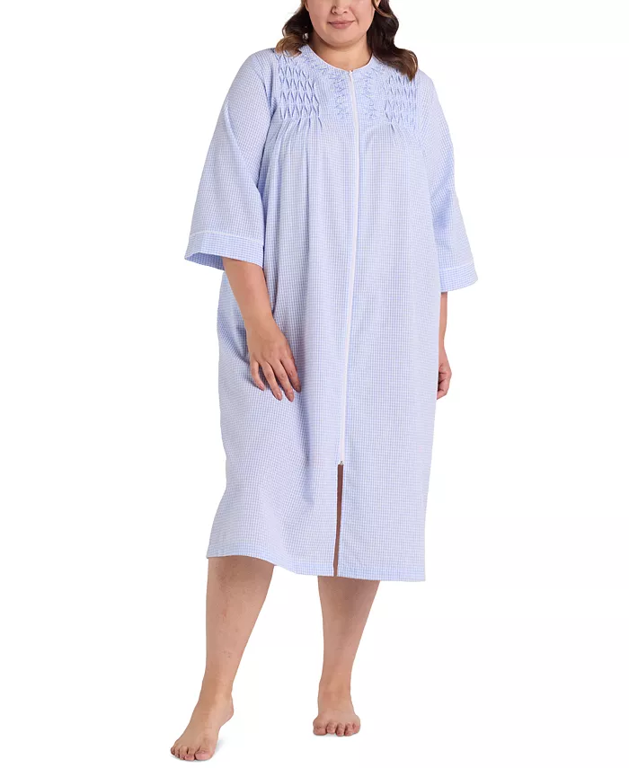 

Плюс сайз халат из пике с застежкой-молнией спереди и рукавом 3/4, Plus Size 3/4-Sleeve Zip-Front Seersucker Robe Miss Elaine, белый
