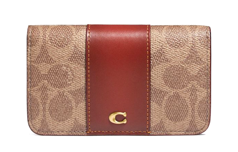 

COACH Женский футляр для карт из холщовой ткани с кожаным кошельком, коричневый, желтый, ржавый