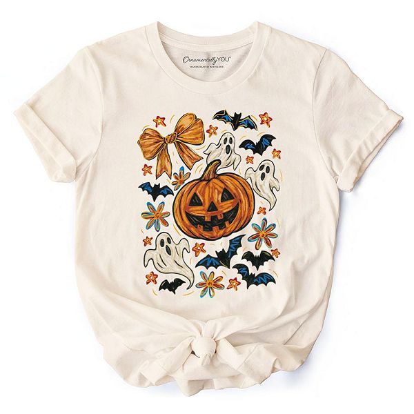

Футболка Pumpkin ghosts coquette с бантом, ретро-принт для Хэллоуина Ornamentallyyou, Natural