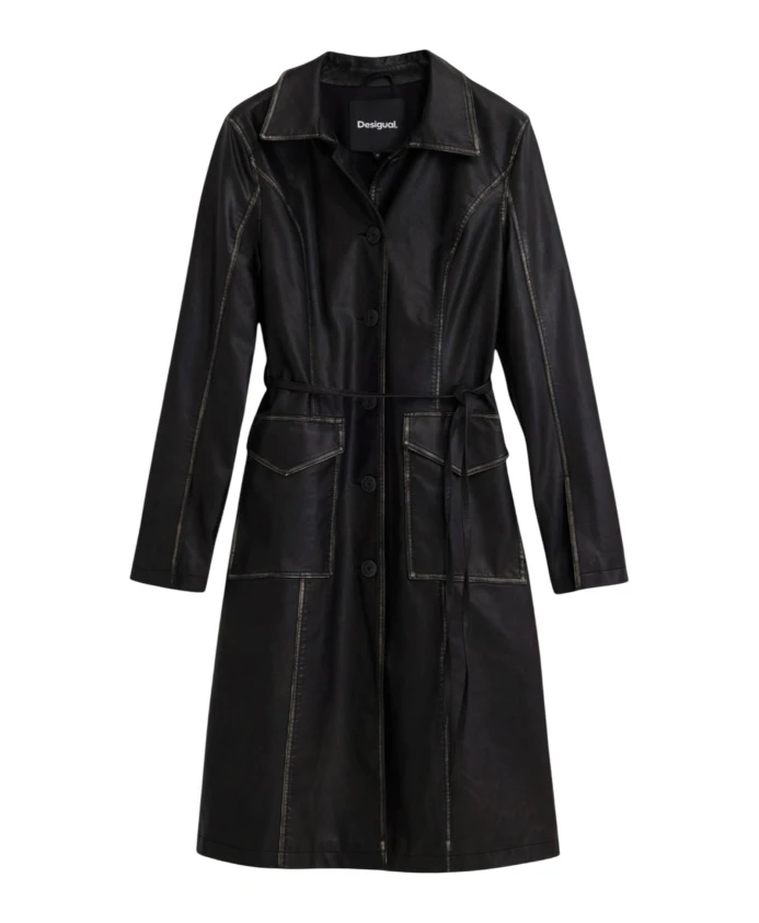 

Женское пальто с отделкой под кожу и поясом Desigual, черный