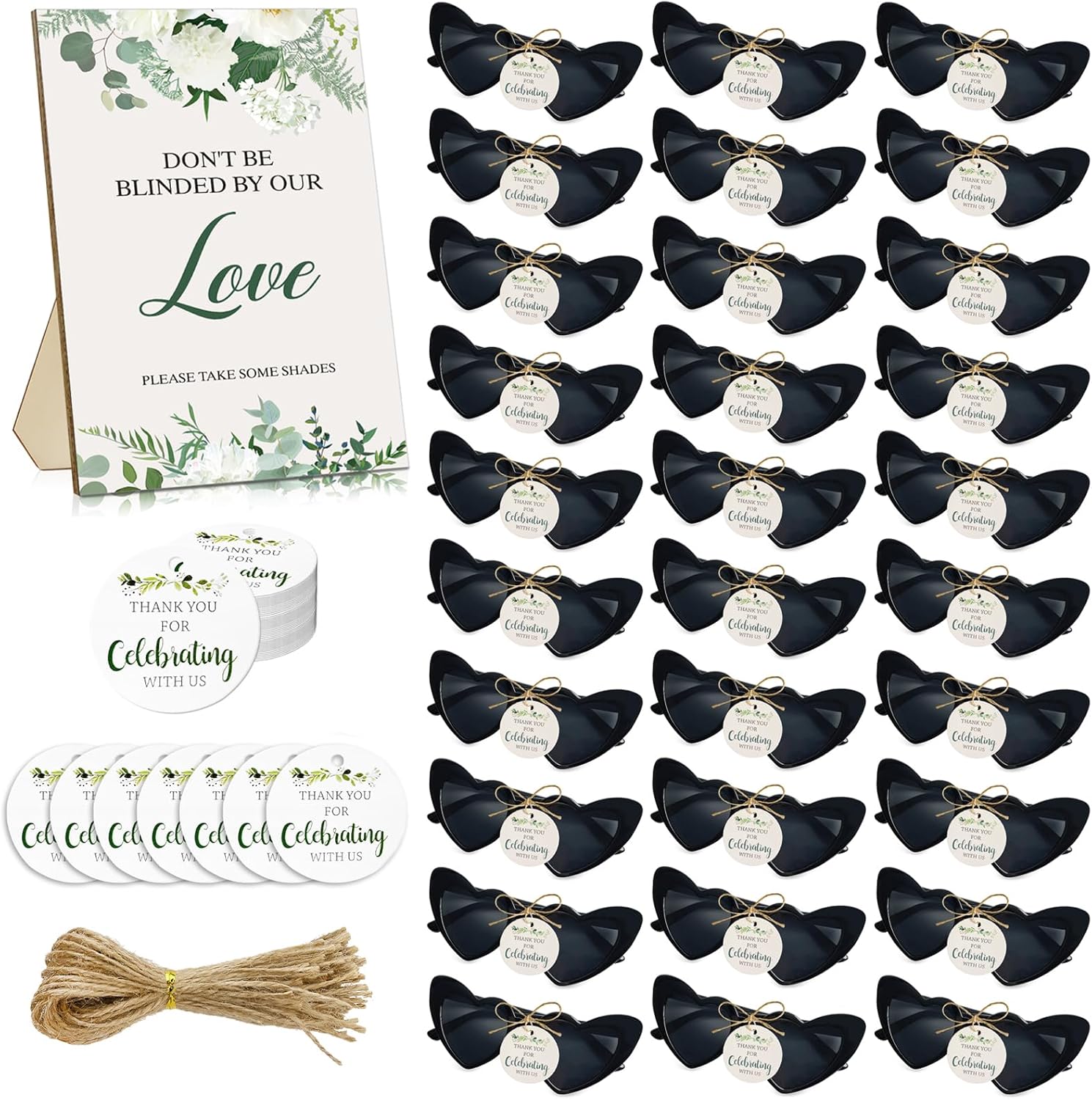 

Свадебные сувениры Pibupibu для гостей, подарки для свадебной вечеринки: черные солнцезащитные очки в форме сердца, деревянная табличка «Любовь», ретро-очки в форме «кошачьего глаза» с сердечком, оптом, Black-30pcs/Green Board