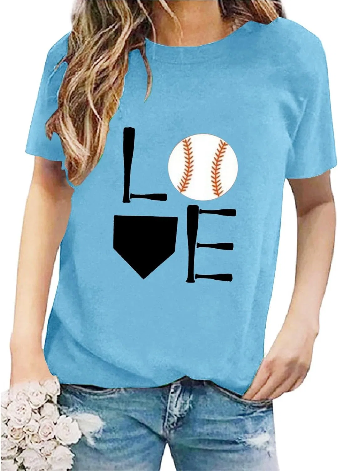 Блуза с принтом, Casual Blouse for Women's Baseball Letter Print, голубой — фото 3