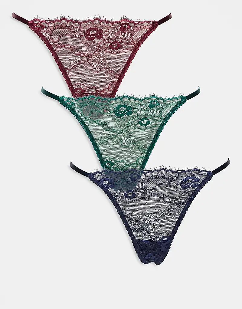 

Комплект из 3 кружевных трусиков-танга ASOS DESIGN в цветах лесной зеленый, бордовый и темно-синий