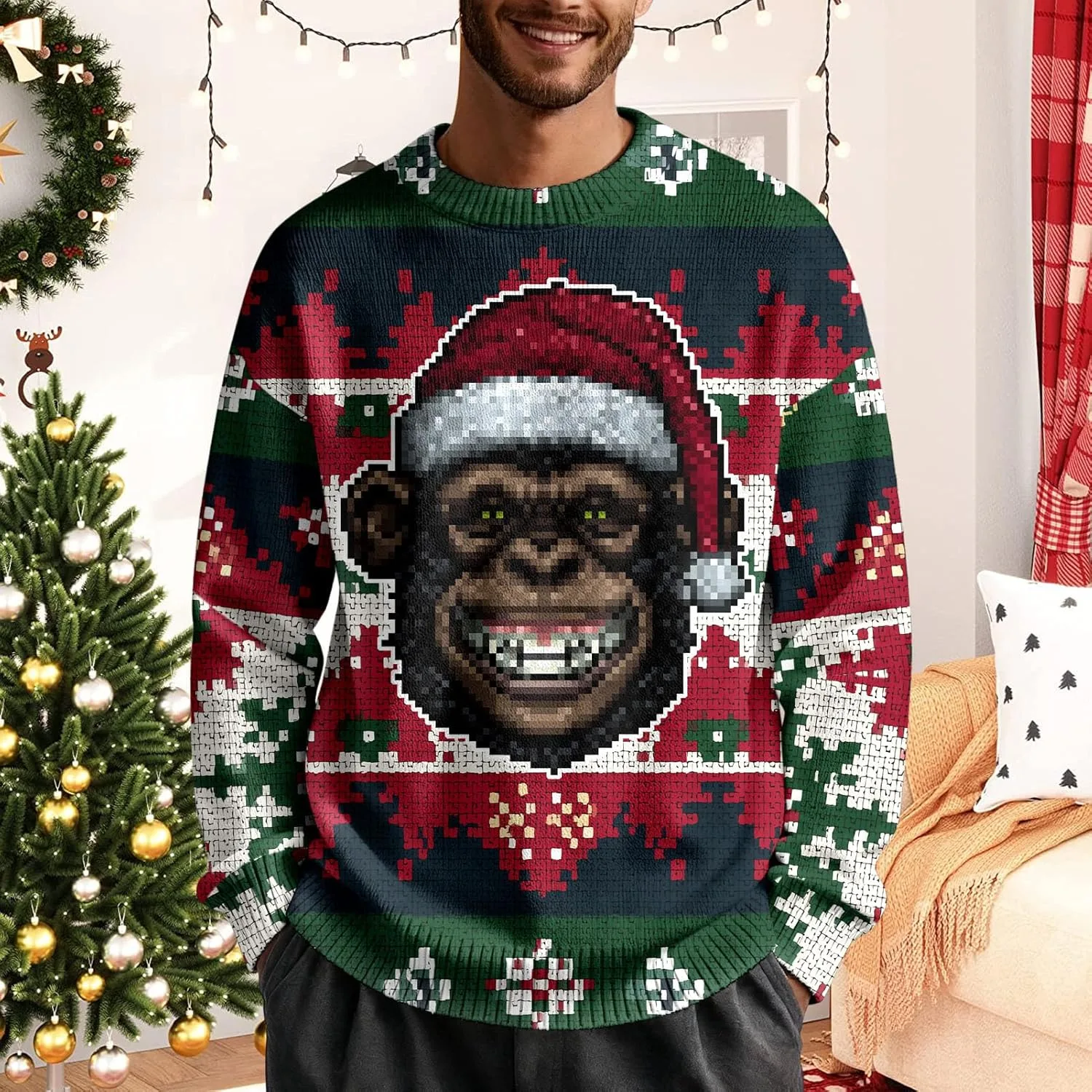 Свитер мужской Ugly Christmas с принтом шимпанзе, свободный крой — фото 2
