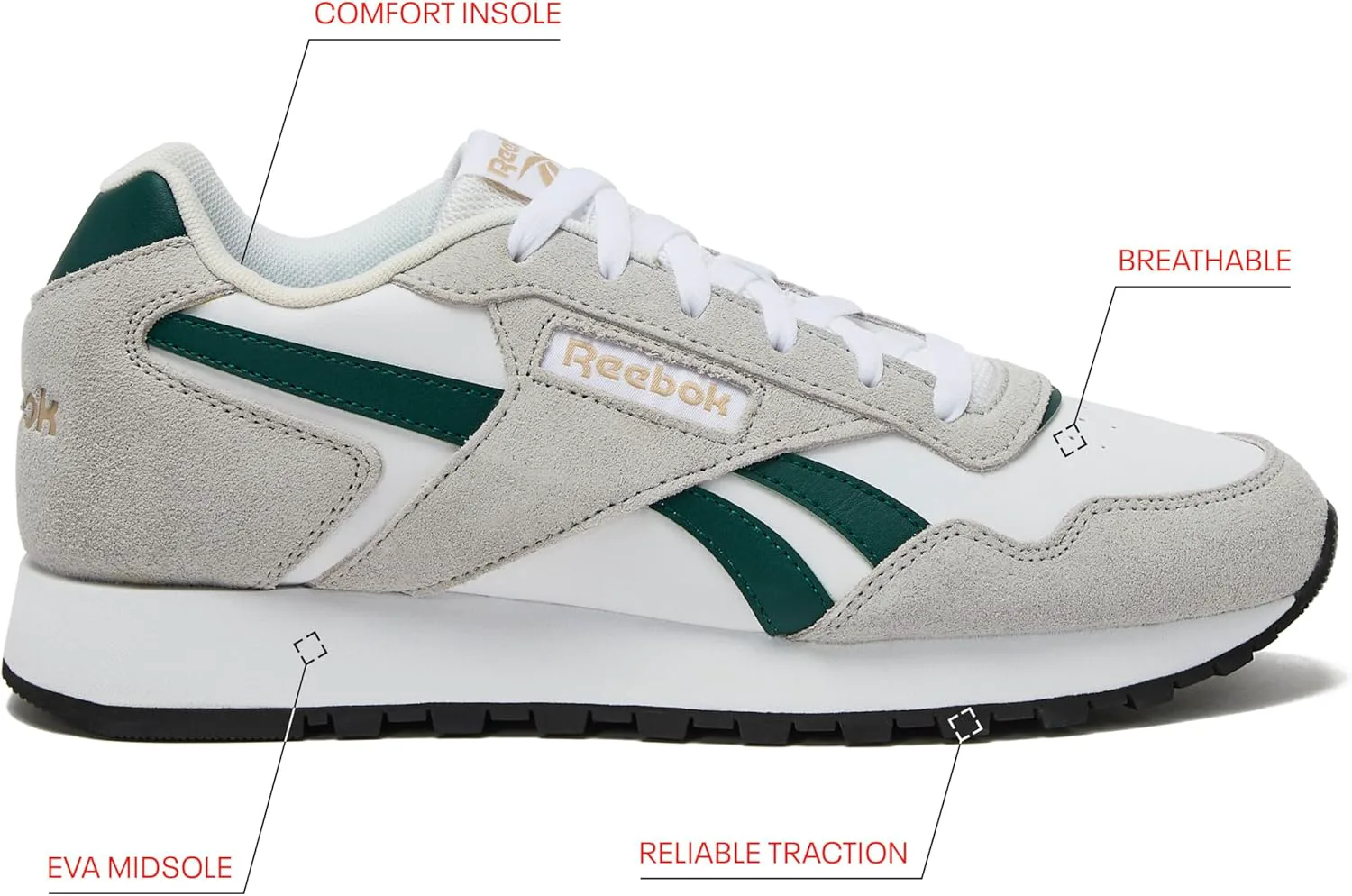Мужские кроссовки Reebok Glide - черные или белые теннисные туфли, размеры с 7 по 15, белый/зеленый/серый — фото 2