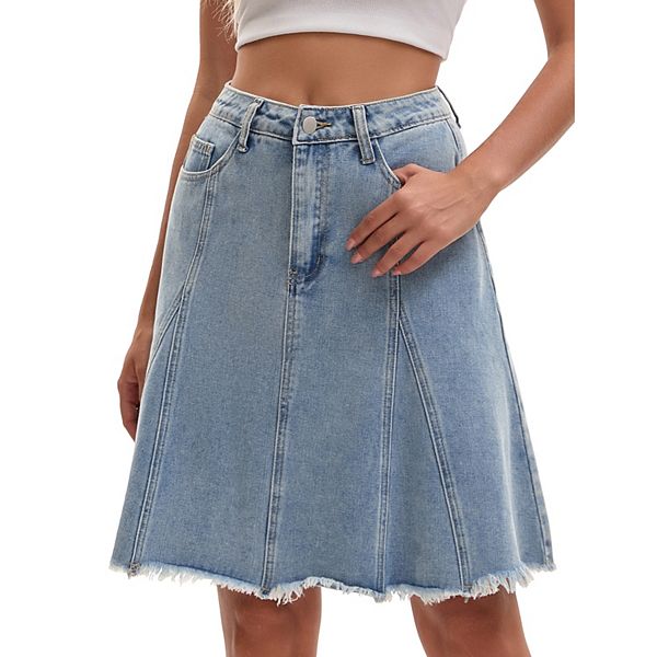 

Женская джинсовая юбка a line с высокой талией, расклешенная, с карманами и необработанным краем Inspire Chic, Light Gary Blue