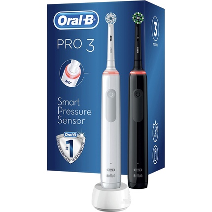 

Электрическая зубная щетка Oral-B Pro 3 3900 с 3 режимами чистки и визуальным контролем давления на 360° — двойная упаковка, белый/черный, Oral B