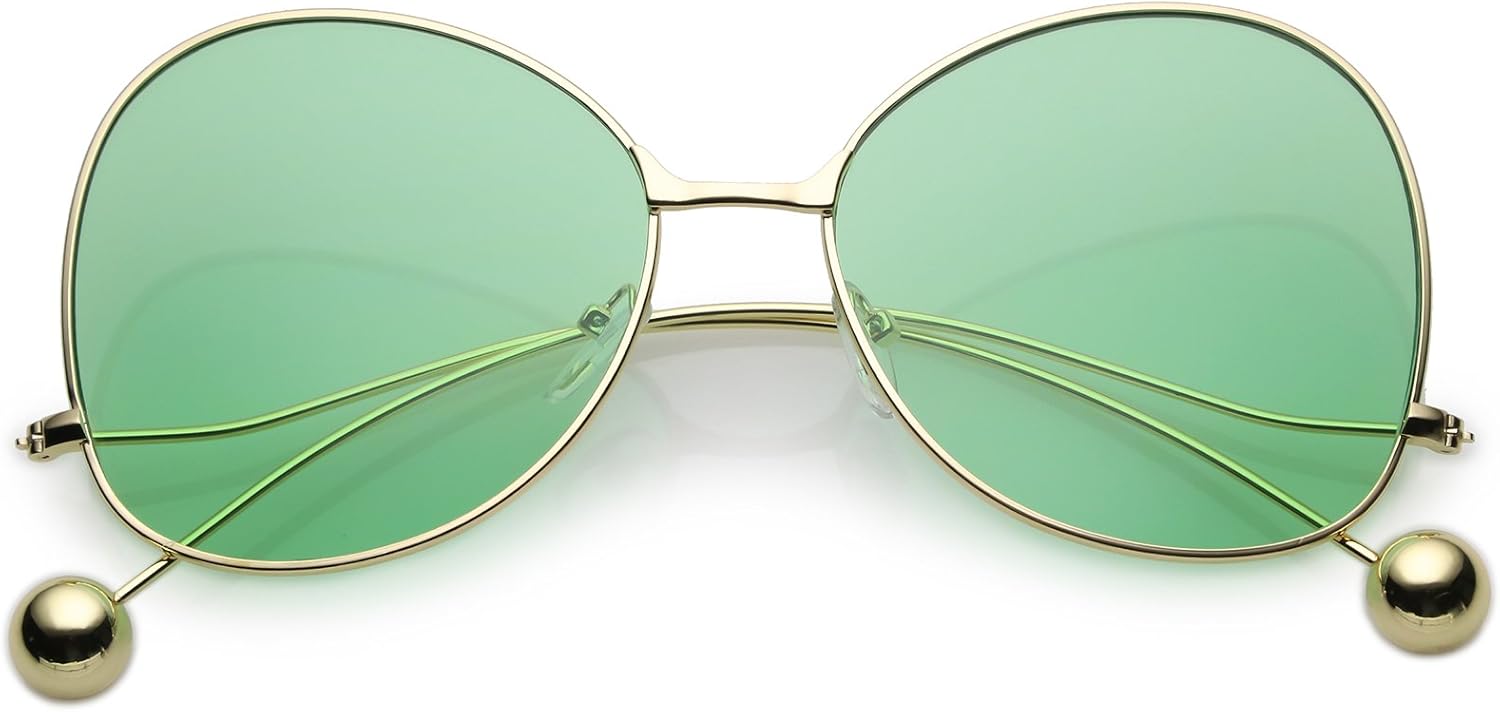 

zeroUV - Женские солнцезащитные очки с тонкими изогнутыми металлическими дужками, шаровидными акцентами, плоскими линзами, оправой «бабочка», диаметр линз 56 мм, Gold / Green