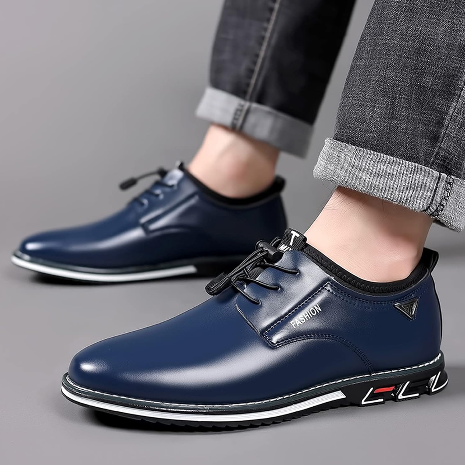 Мужская обувь в стиле fashion, дышащая, удобная, деловая, с шнуровкой, для работы и отдыха, однотонные кожаные туфли и ботинки Generic, синий — фото 3