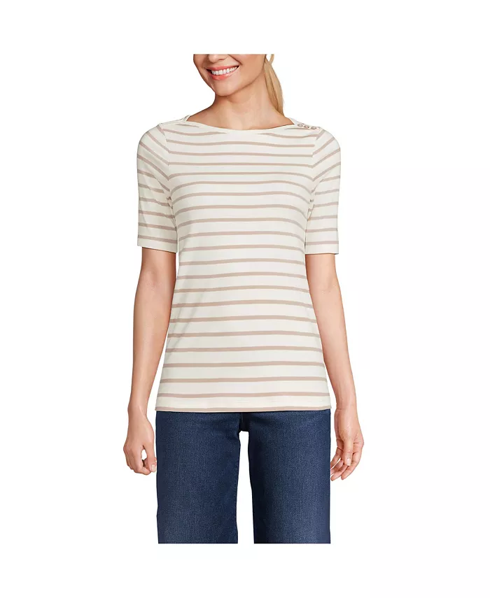 

Женская футболка Supima Cotton с рукавами локтя и вырезом-лодочкой, на пуговицах на плечах Lands' End, белый