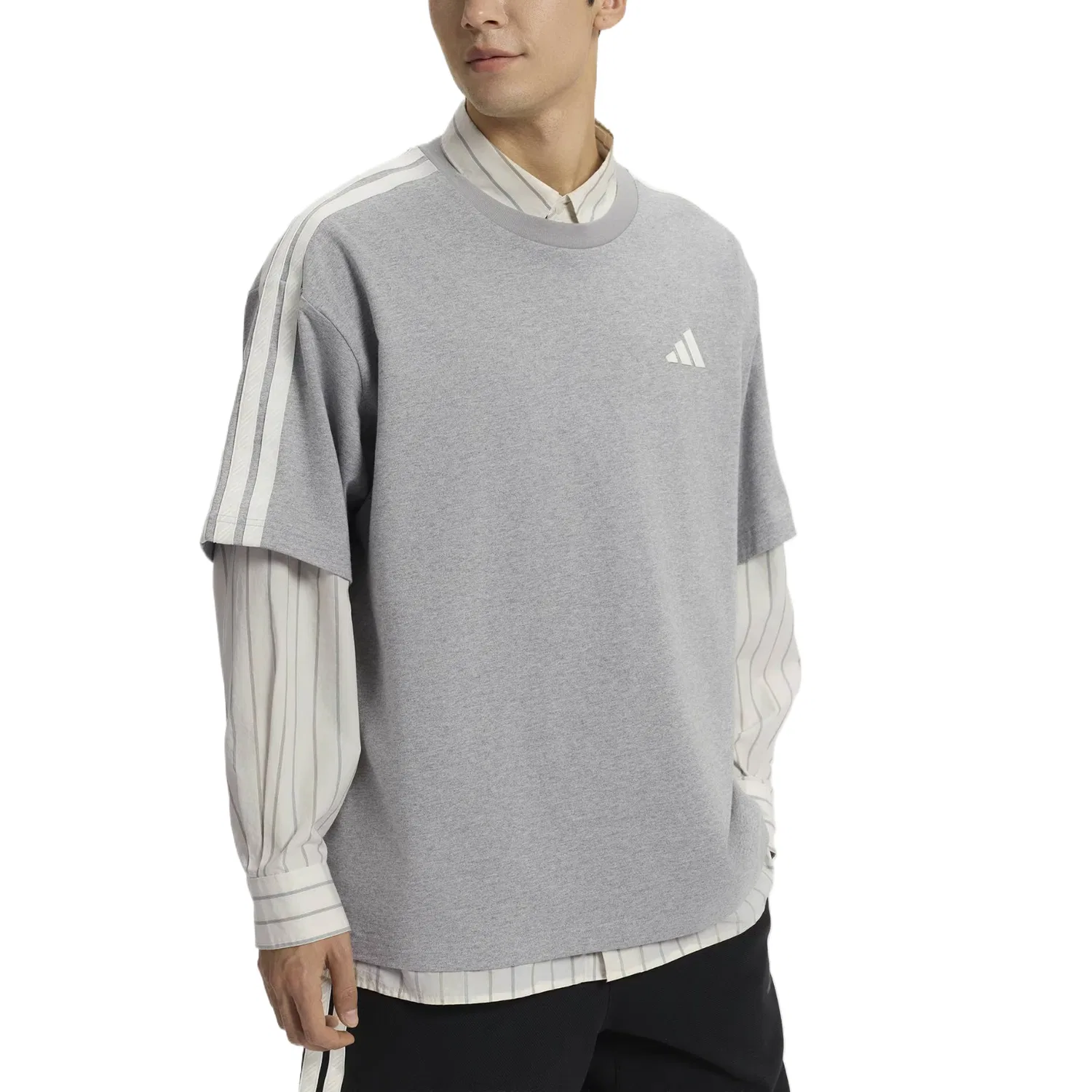 Футболка 3 Stripes мужская, размер M, heather gray, круглый вырез Adidas, Medium Heather Gray — фото 4