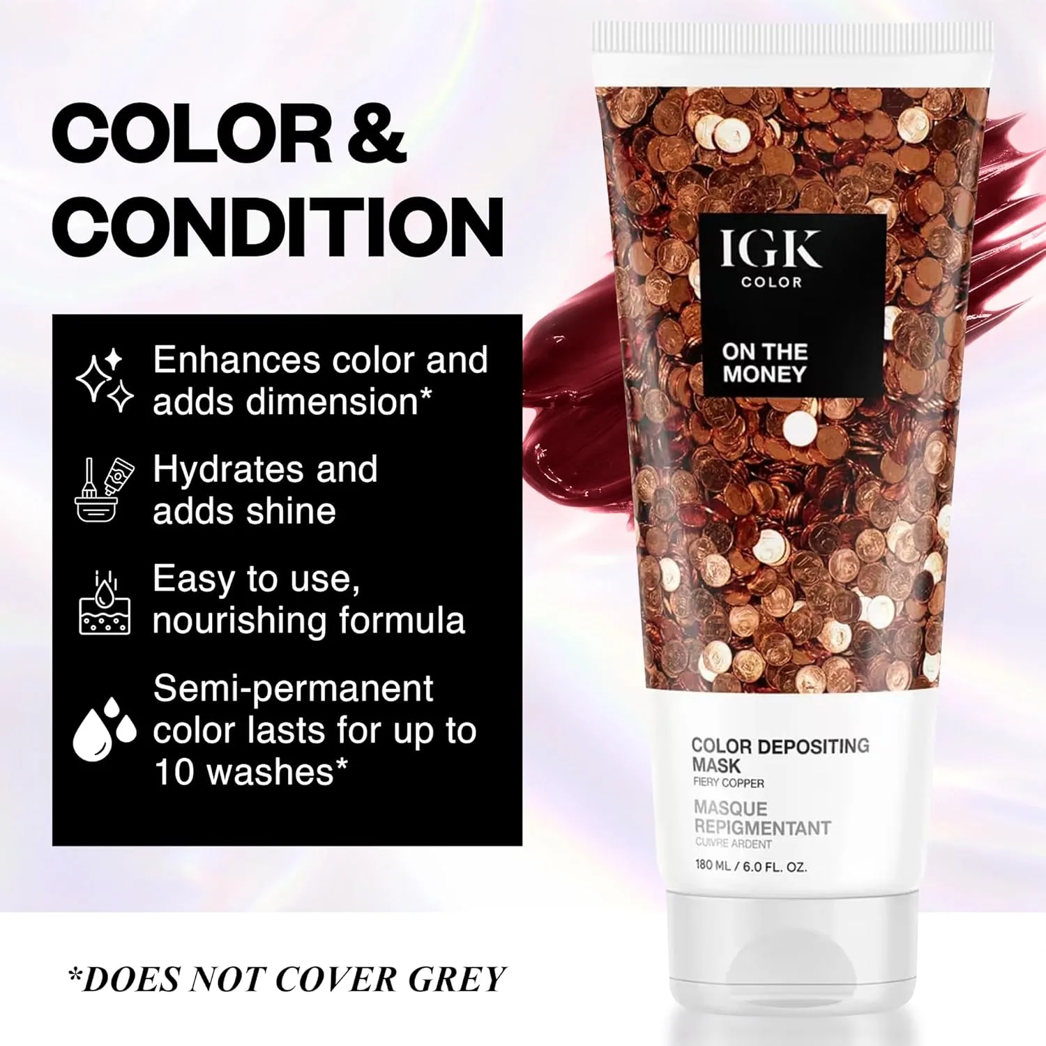 IGK On The Money Color Depositing Hair Mask | Fiery Copper Полуперманентный кондиционер и тонирующий блеск | Увлажняющая формула для сияния и обновления цвета | Vegan + Cruelty Free | 170 г, On The Money (Fiery Copper) — фото 2