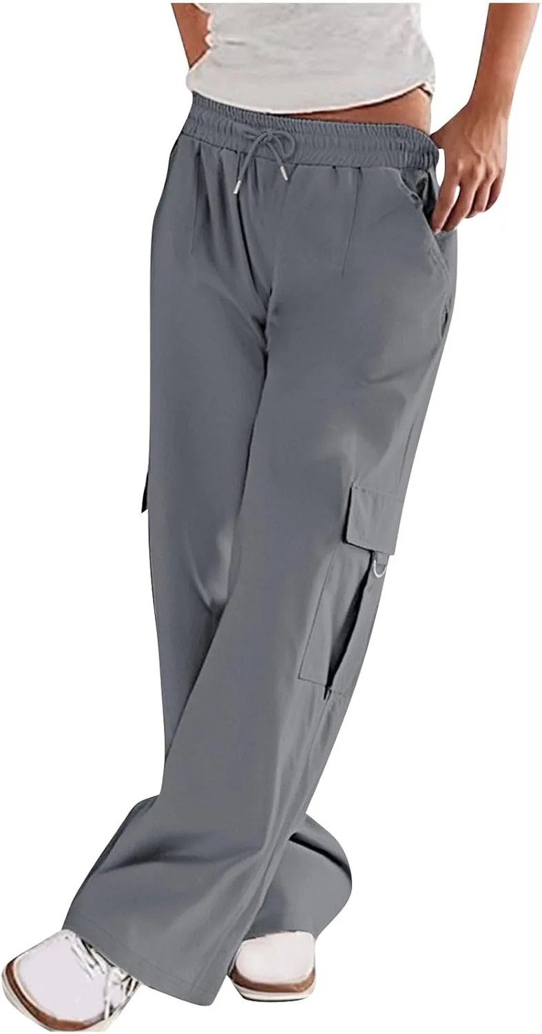 Карго-штаны женские 2025 модные парашютные брюки свободные повседневные на резинке длинные с карманами для стритвира Generic, темно-серый