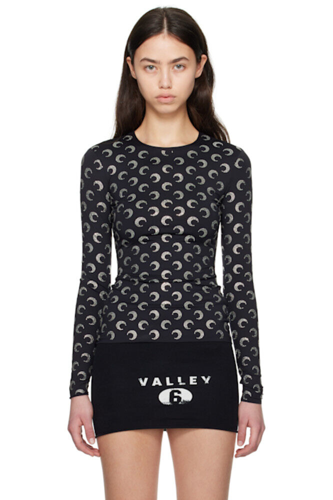 

Черная футболка Second Skin Crewneck из переработанного джерси Moon Strass Marine Serre