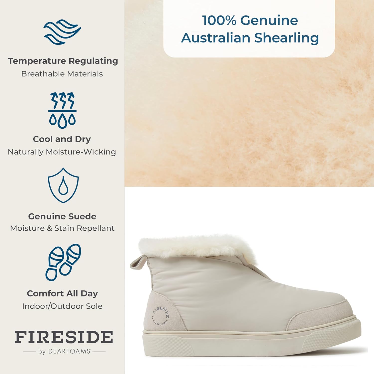 Зимние ботинки Dearfoams для мужчин Fireside из нейлона с австралийской шерстяной подкладкой, водоотталкивающие, для отдыха после зимы, Cream Linen — фото 3