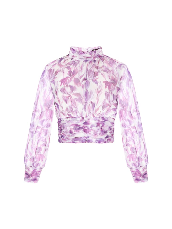 

Женская блузка фиолетового цвета с разноцветными вставками faina