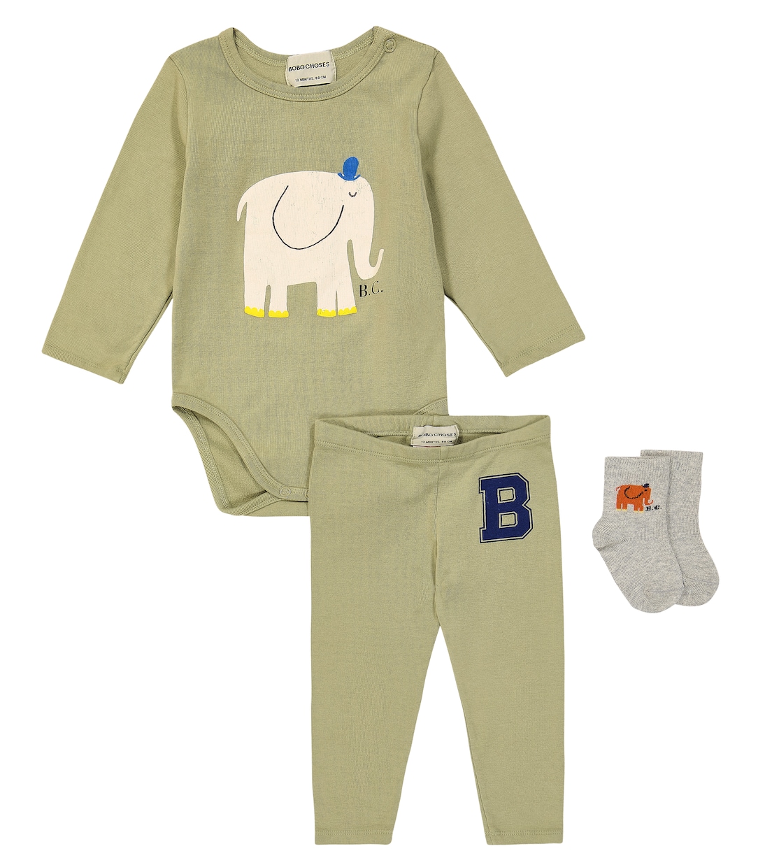 

Комплект из боди, леггинсов и носков Baby The Elephant из хлопковой смеси Bobo Choses, Light Green