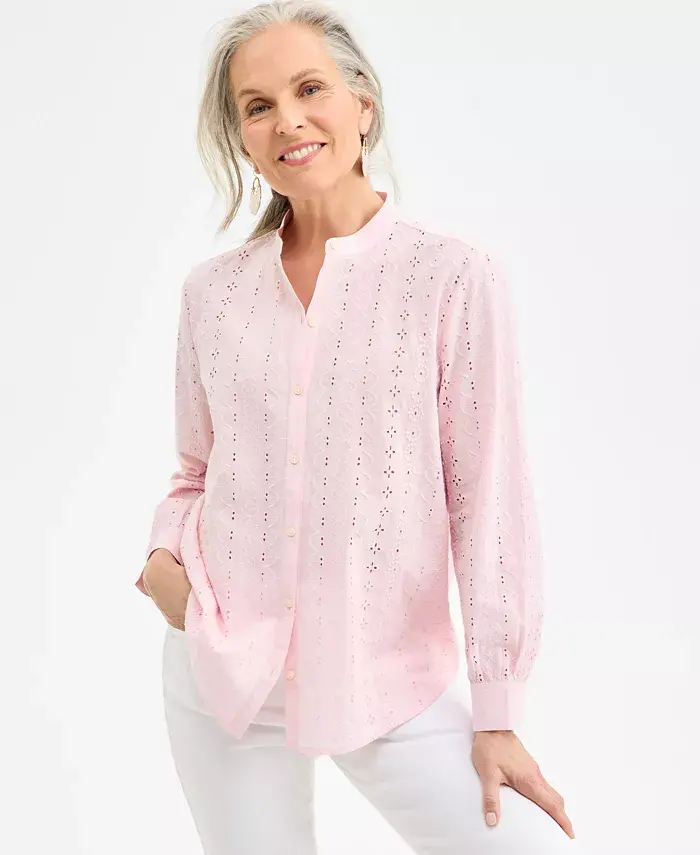 

Женская хлопковая блуза с вышивкой ришелье Style & Co, розовый