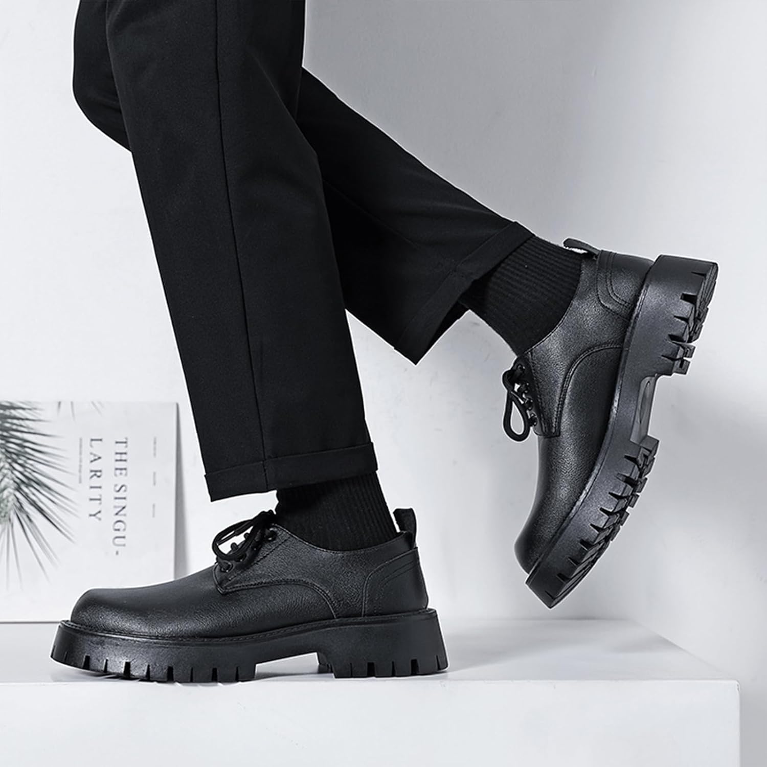 Мужские кожаные туфли с шнуровкой и массивной подошвой Oxfords, классический круглый носок, платформа, широкий каблук, деловые туфли, модные повседневные туфли Derby для увеличения роста Ptnoka, черный — фото 4