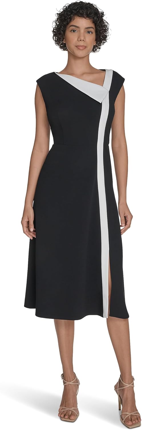 

Женское платье миди Calvin Klein с асимметричным вырезом и короткими рукавами из крепа-свижа с цветными блоками, Black Cream