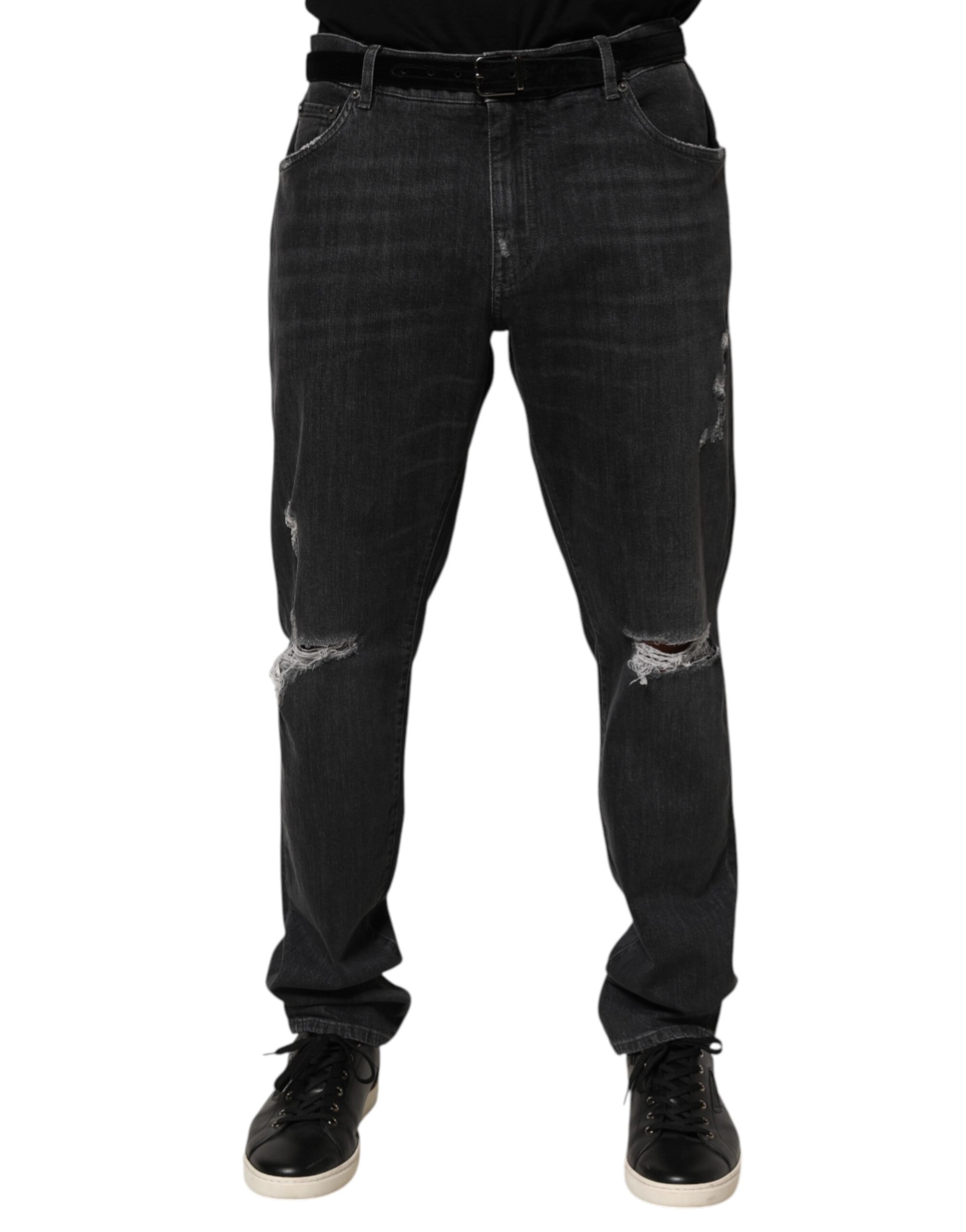 Черные хлопковые джинсы Slim Fit с потертостями и рваным логотипом Dolce & Gabbana, синий