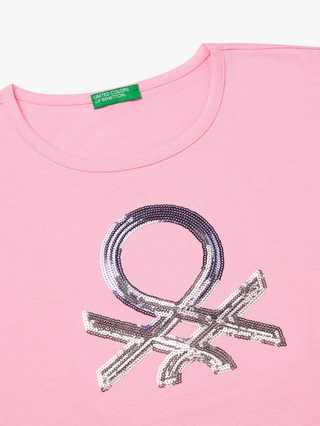 Детская хлопковая футболка с круглым вырезом и пайетками с логотипом Benetton, Pink — фото 3