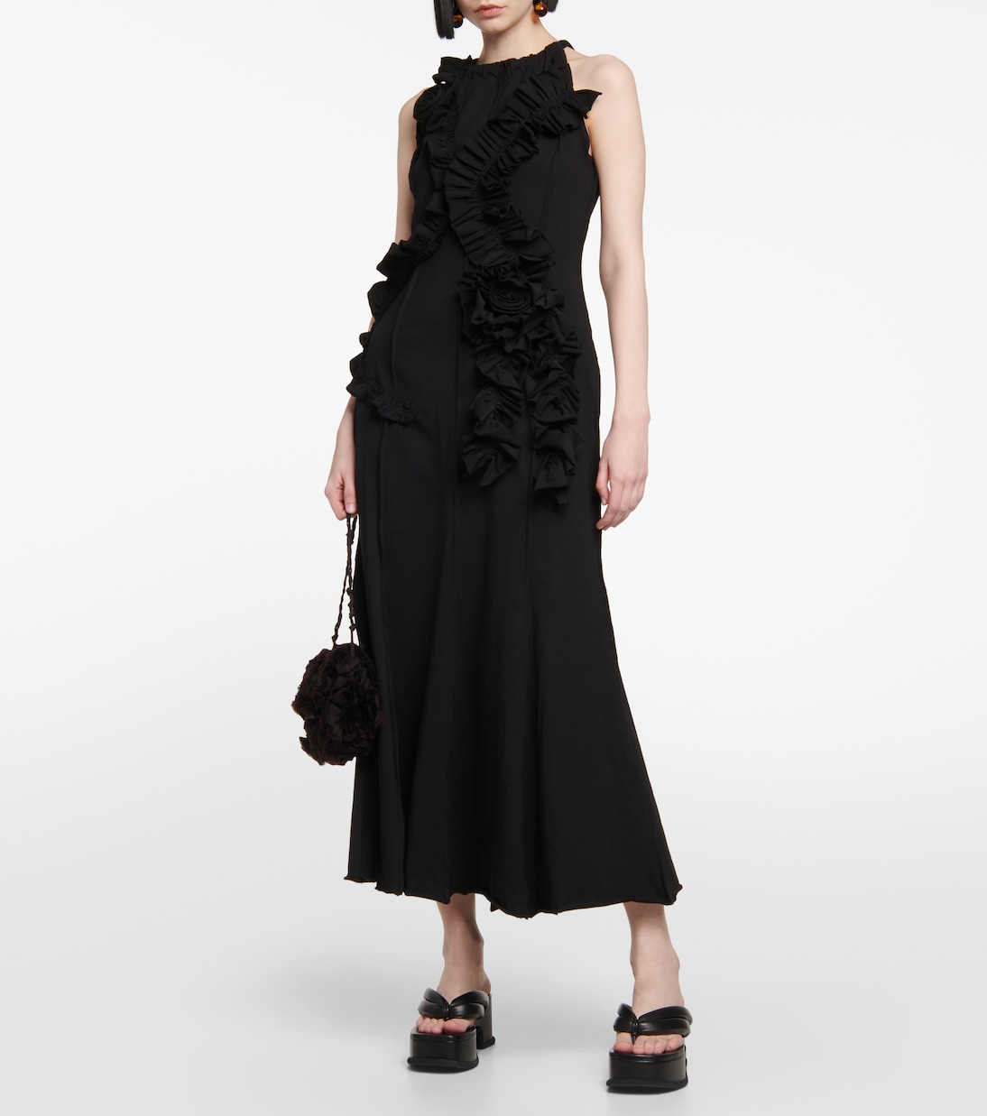 Платье макси из хлопкового джерси с оборками Dries Van Noten, черный — фото 2