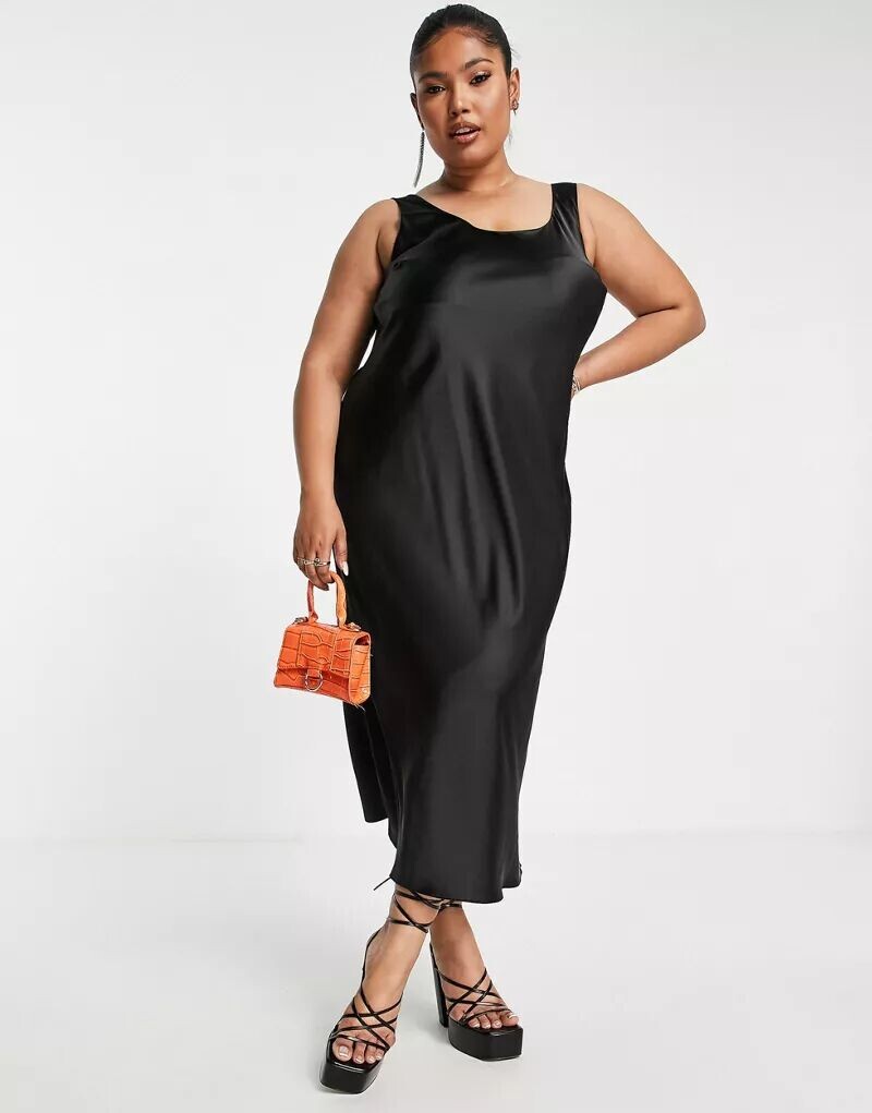 

Черное атласное платье миди с овальным вырезом ASOS DESIGN Curve