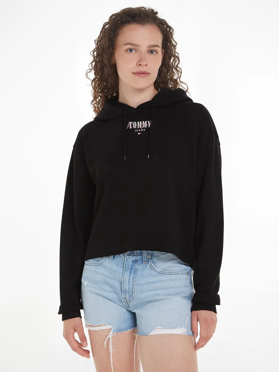 

Толстовка Tommy Jeans с капюшоном "TJW RLX ESSENTIAL LOGO HOODIE" с надписью логотипа Tommy Jeans и флагом, черный
