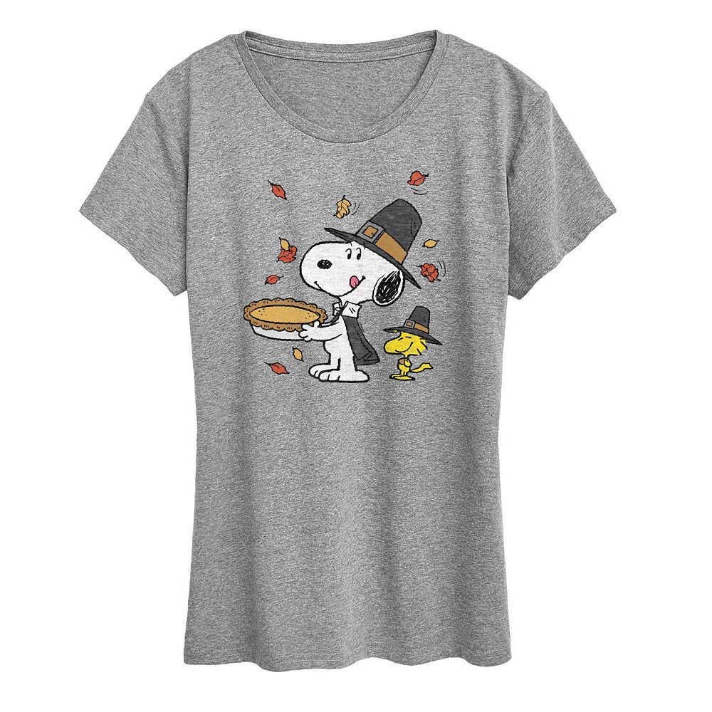 

Женская футболка Peanuts Snoopy & Woodstock с рисунком сцены Дня благодарения Licensed Character, цвет Heather Gray