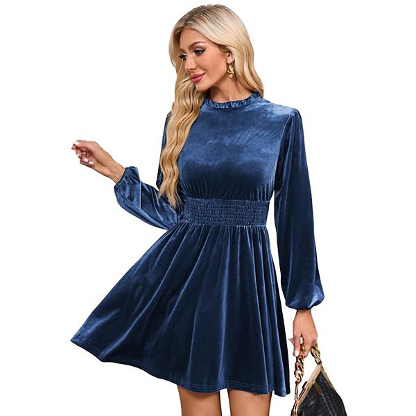 

Женское осеннее бархатное мини-платье с длинными рукавами, воротником-стойкой, высокой талией и рюшами Seoria, Grayish Blue