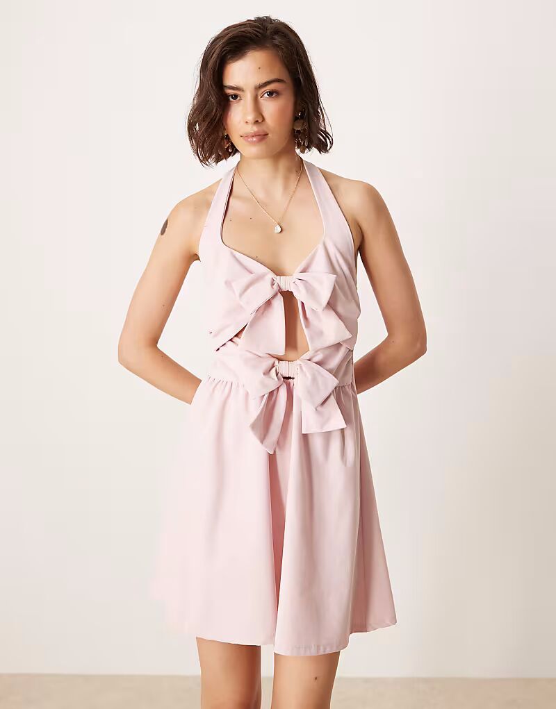 

Мини-платье с завязками на шее и двойным бантом спереди ASOS DESIGN нежно-розового цвета