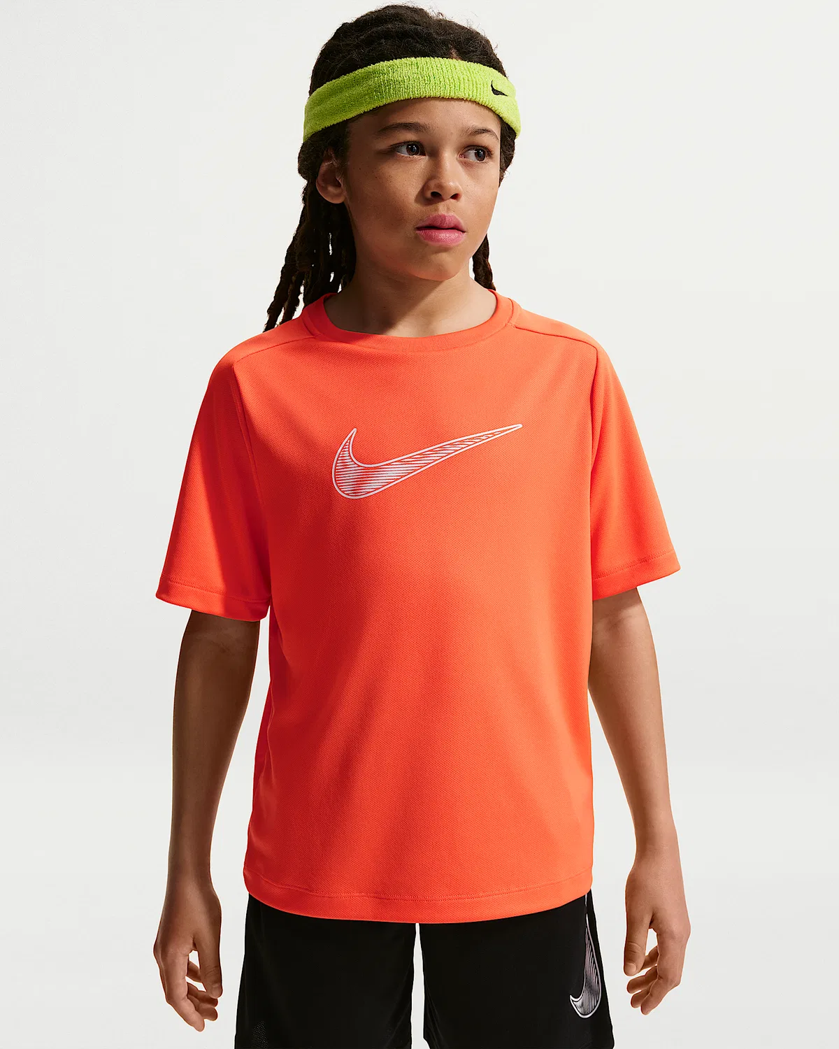 Большой детский (мальчиковый) Dri-FIT тренировочный топ с коротким рукавом Nike Multi, Turf Orange/White
