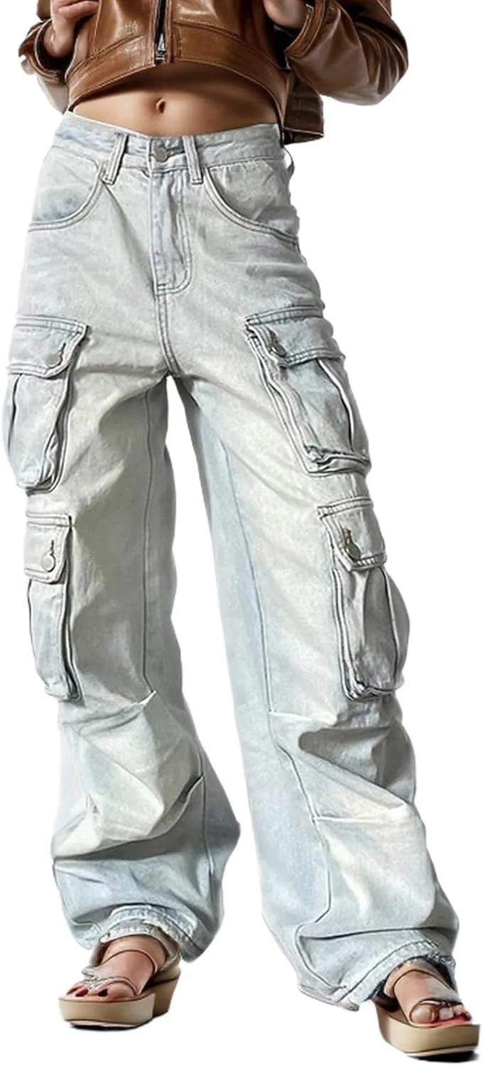 

Женские джинсы Y2k карго с высокой талией, прямые широкие HBER