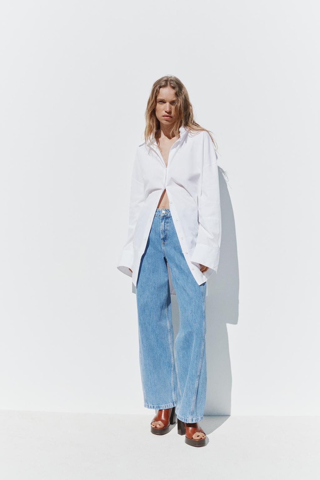 

Джинсы z1975 с прямой завышенной талией по переднему шву ZARA, средне-синий