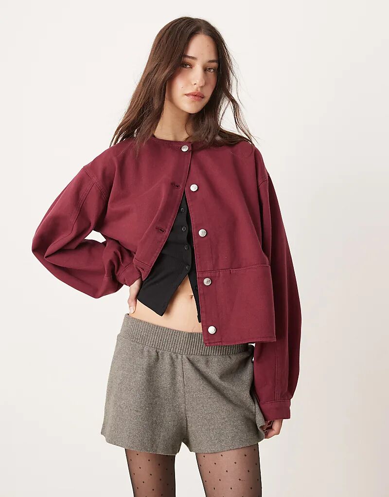 

Джинсовая куртка без воротника бордового цвета ASOS DESIGN