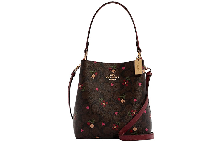 

Городская холщовая сумка с кожаной отделкой ведро через плечо кроссбоди маленькая женская коричневая и бордовая COACH