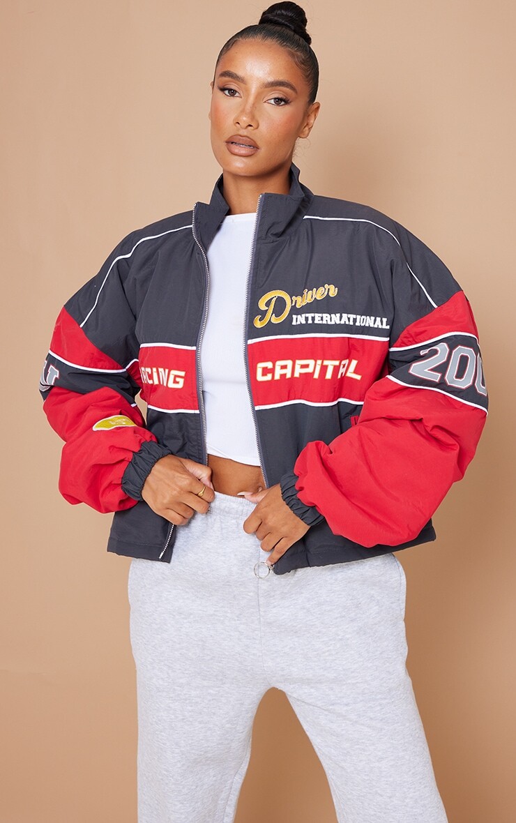 

PrettyLittleThing Красный объемный бомбер-борцовка на молнии с надписью Racer