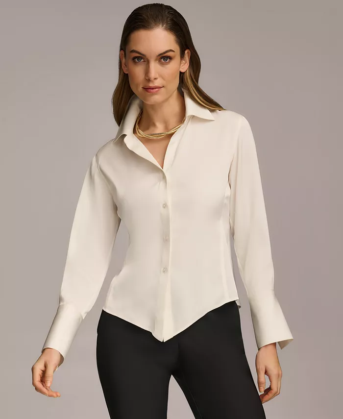 

Женская блуза с застежкой на пуговицы и острым подолом, размеры Regular и Petite Donna Karan New York, слоновая кость/кремовый