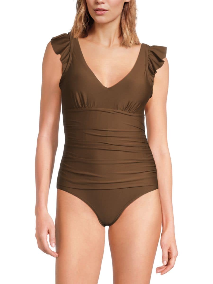 

Слитный купальник с отделкой рюшами DKNY, цвет Mocha