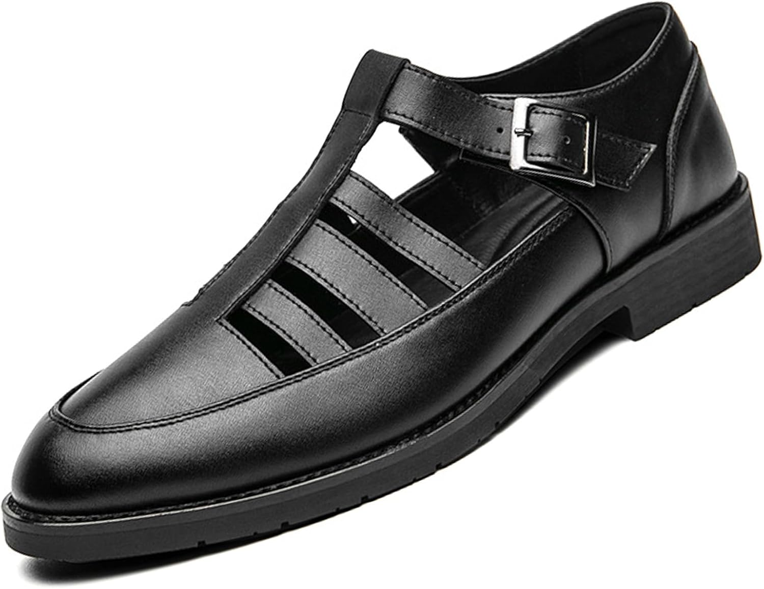 

Мужские кожаные сандалии с закрытым носком на лето, с вырезами, регулируемым ремешком на щиколотке, дышащие, повседневные римские сандалии-рыбаки для улицы, прогулок и делового стиля Generic, черный